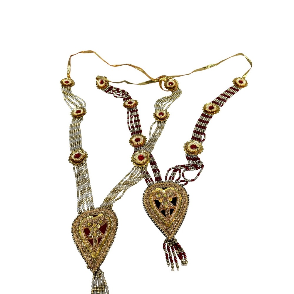 Statement Beaded Necklace Set 2PC Gold Tone Red Indian‎ Bridal Tassel Pendants